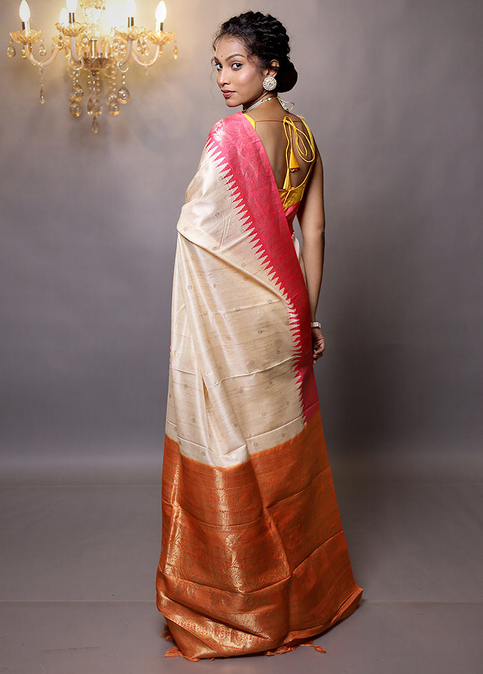 Cream Tussar Silk Saree With Blouse Piece - Indian Silk House Agencies