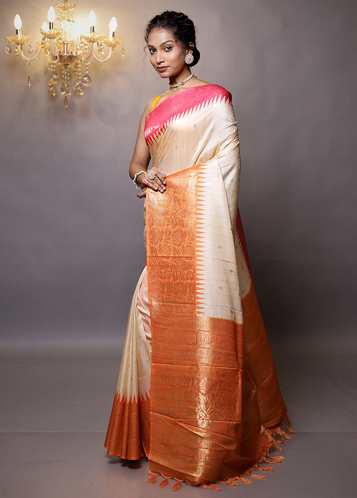 Cream Tussar Silk Saree With Blouse Piece