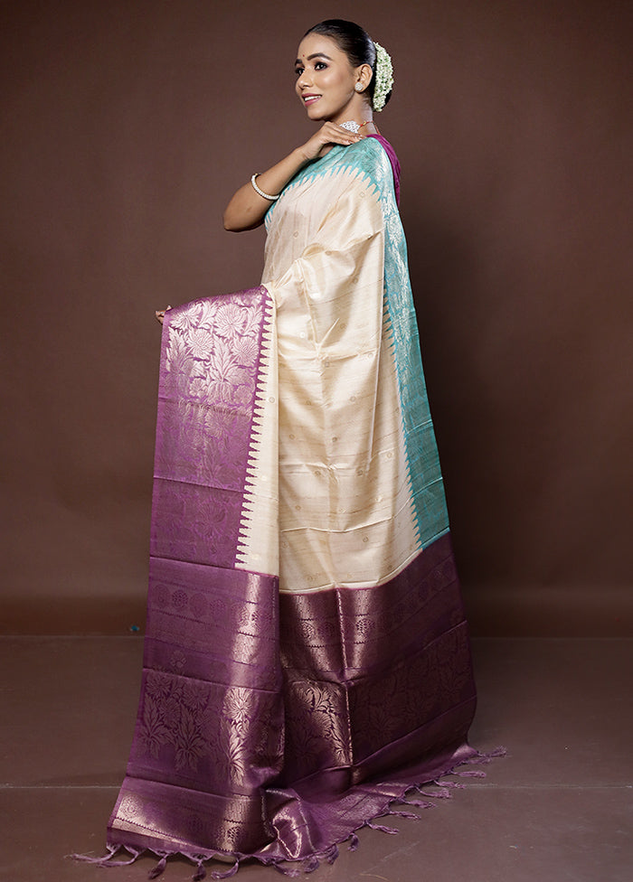 Cream Tussar Silk Saree With Blouse Piece - Indian Silk House Agencies