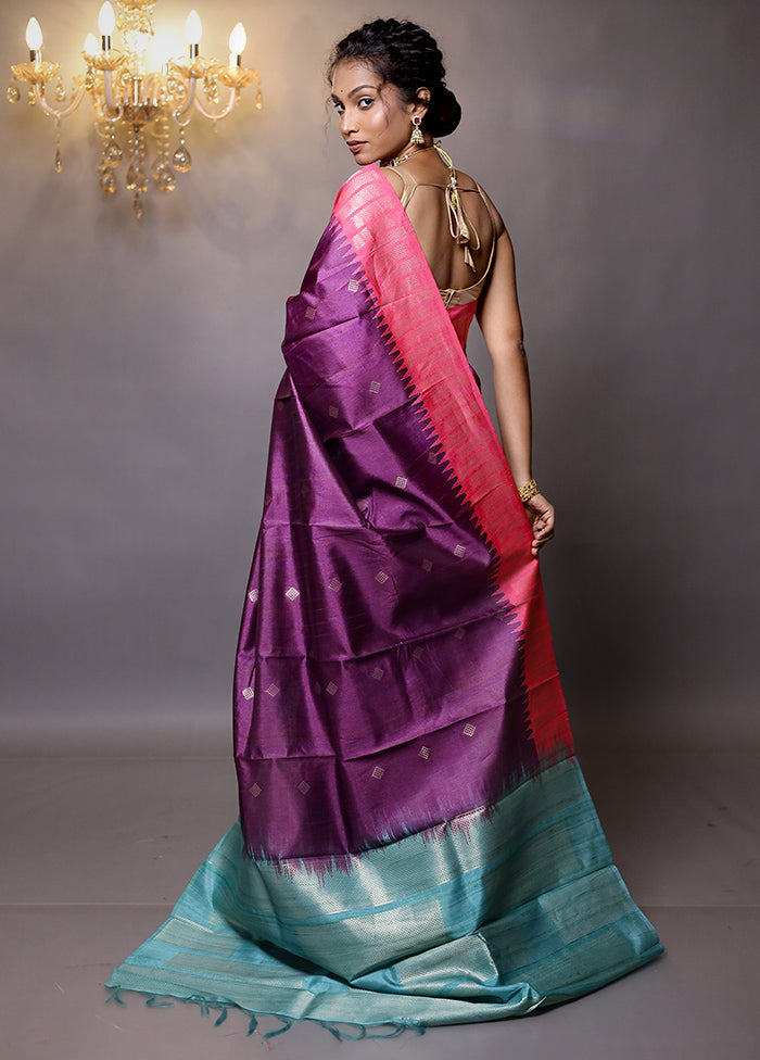 Purple Tussar Silk Saree With Blouse Piece