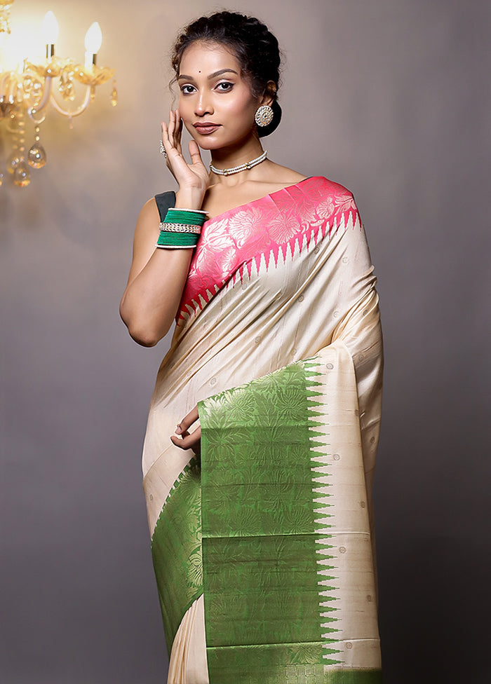 Cream Tussar Silk Saree With Blouse Piece - Indian Silk House Agencies