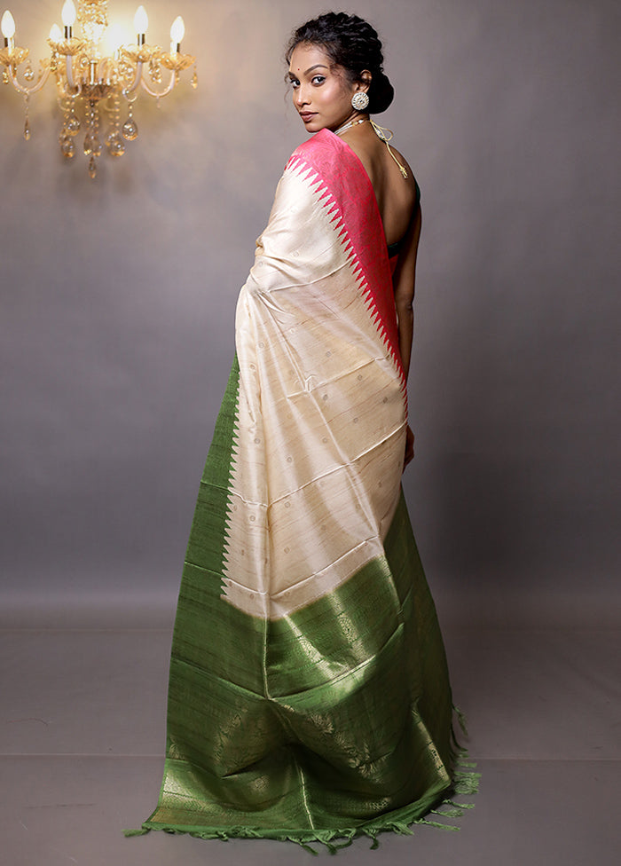 Cream Tussar Silk Saree With Blouse Piece