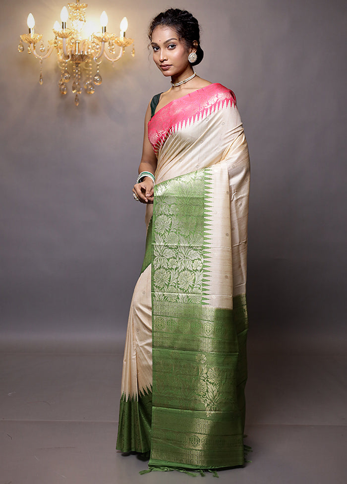 Cream Tussar Silk Saree With Blouse Piece