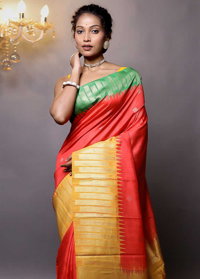 Red Tussar Silk Saree With Blouse Piece