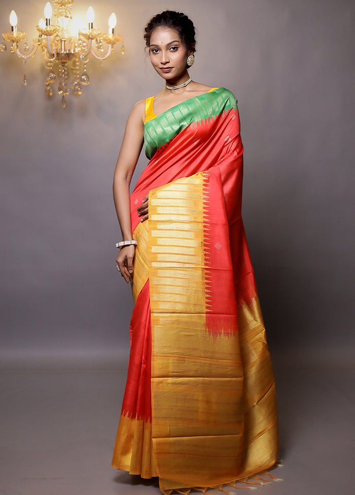 Red Tussar Silk Saree With Blouse Piece