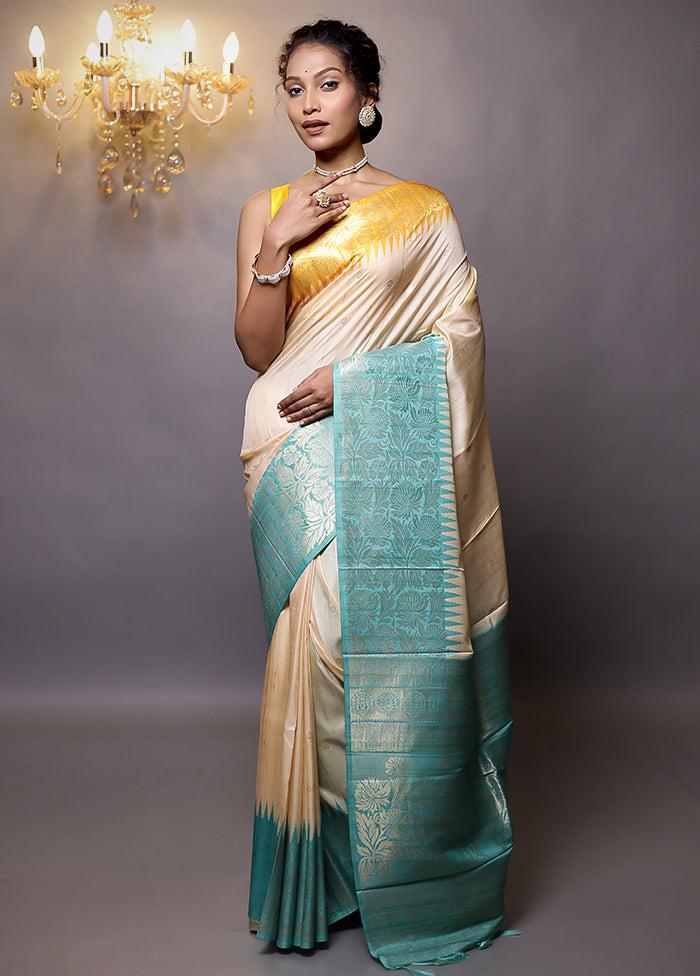 Cream Tussar Silk Saree With Blouse Piece