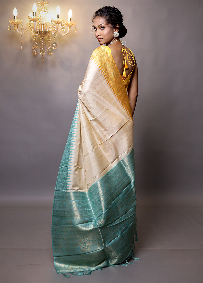 Cream Tussar Silk Saree With Blouse Piece