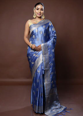 Blue Dupion Silk Saree With Blouse Piece