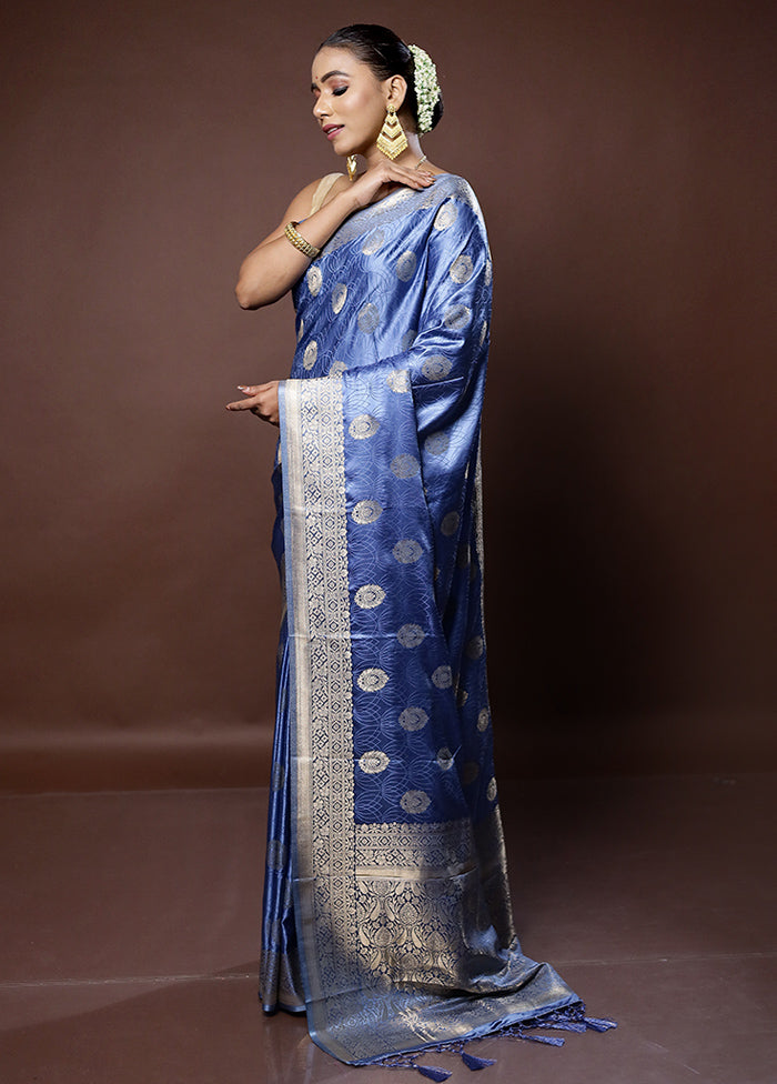 Blue Dupion Silk Saree With Blouse Piece