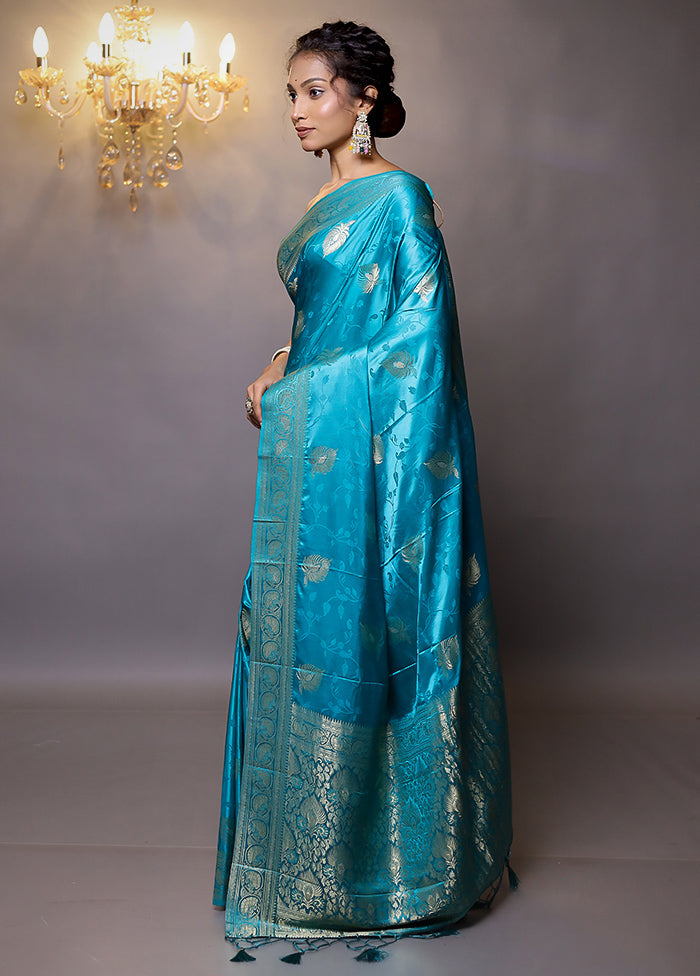 Blue Dupion Silk Saree With Blouse Piece