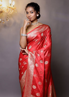 Red Dupion Silk Saree With Blouse Piece - Indian Silk House Agencies