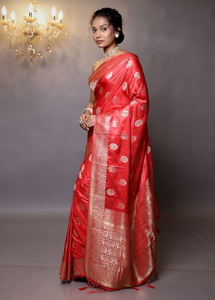 Red Dupion Silk Saree With Blouse Piece - Indian Silk House Agencies