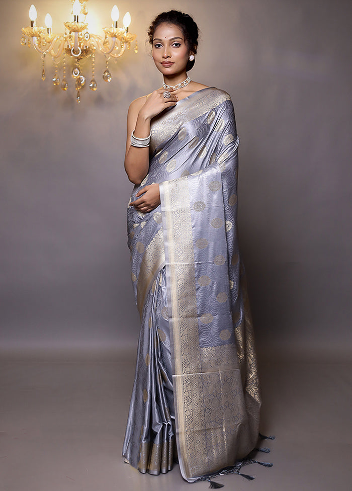 Grey Dupion Silk Saree With Blouse Piece