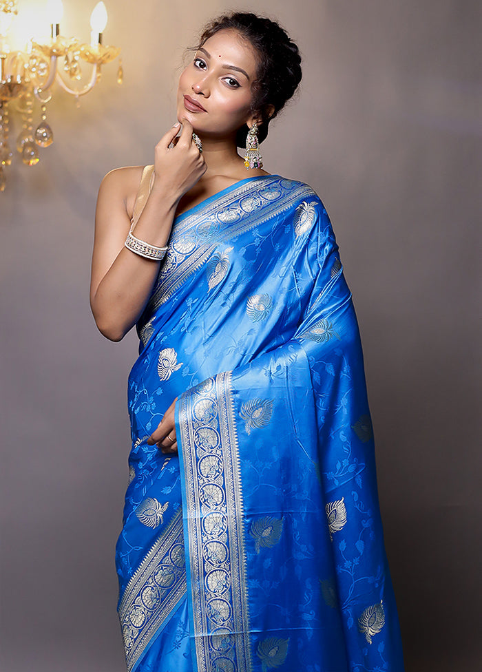 Blue Dupion Silk Saree With Blouse Piece