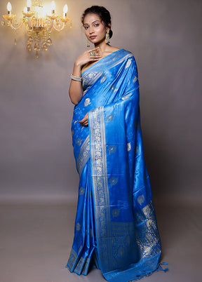 Blue Dupion Silk Saree With Blouse Piece