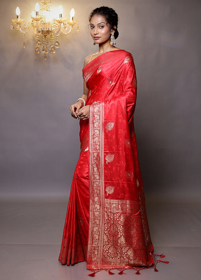 Red Dupion Silk Saree With Blouse Piece - Indian Silk House Agencies