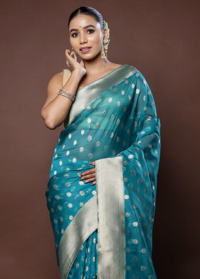 Blue Organza Saree With Blouse Piece - Indian Silk House Agencies