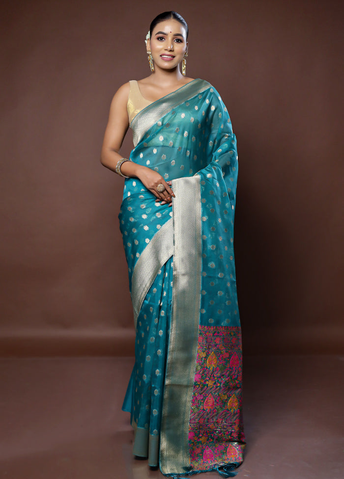 Blue Organza Saree With Blouse Piece