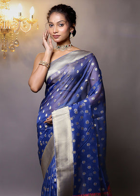 Blue Organza Saree With Blouse Piece - Indian Silk House Agencies