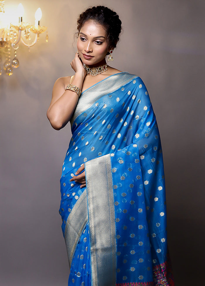 Blue Organza Saree With Blouse Piece