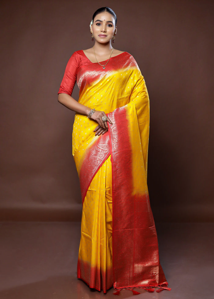 Yellow Dupion Silk Saree With Blouse Piece - Indian Silk House Agencies