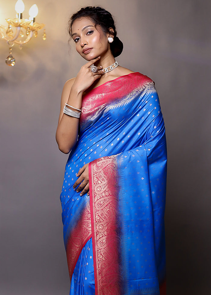 Blue Dupion Silk Saree With Blouse Piece