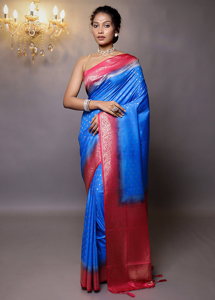 Blue Dupion Silk Saree With Blouse Piece - Indian Silk House Agencies