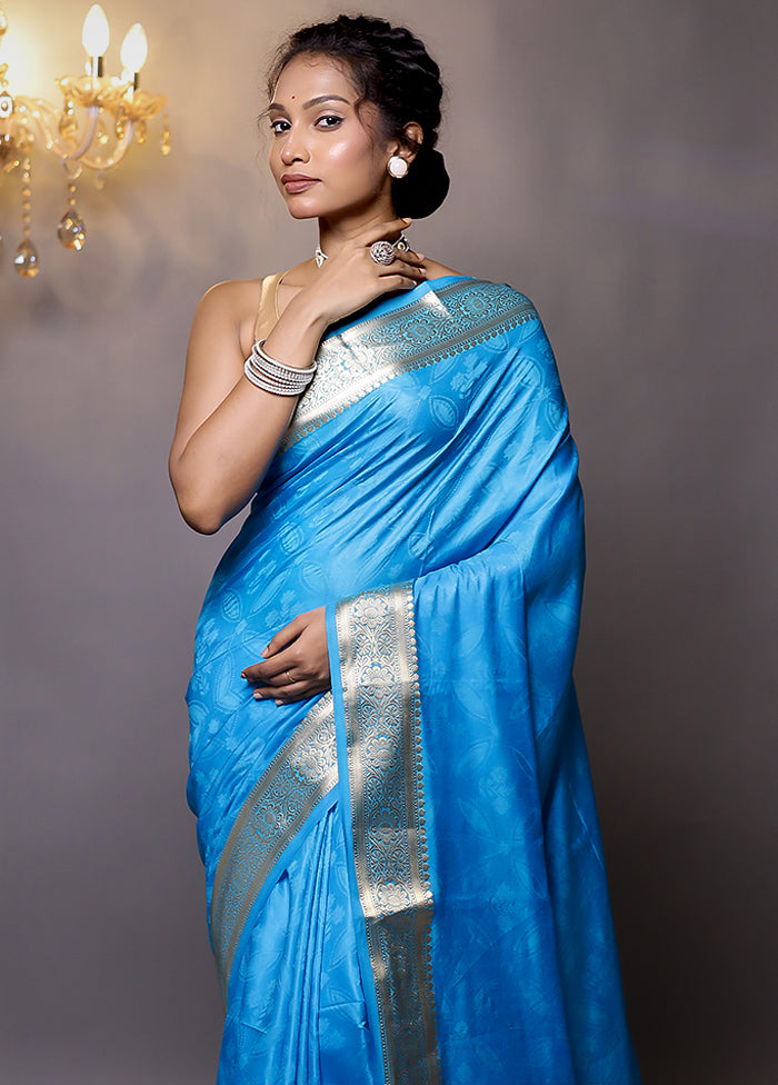 Blue Dupion Silk Saree With Blouse Piece