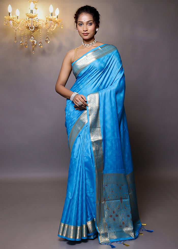 Blue Dupion Silk Saree With Blouse Piece