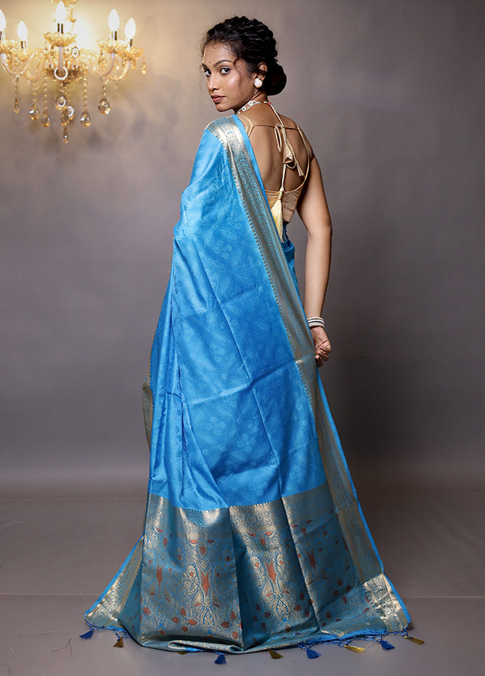 Blue Dupion Silk Saree With Blouse Piece