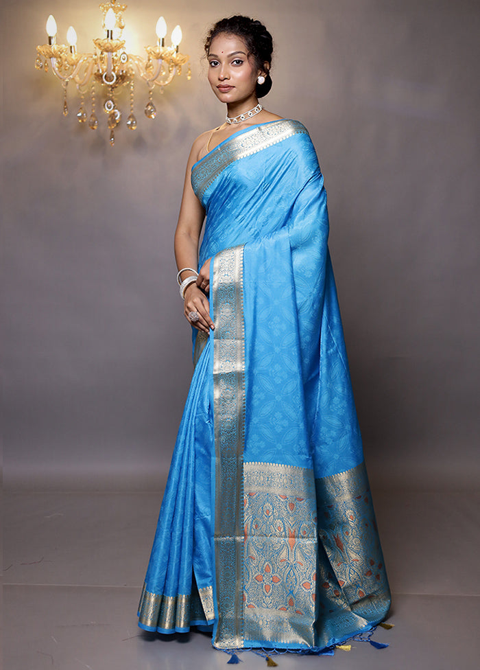 Blue Dupion Silk Saree With Blouse Piece