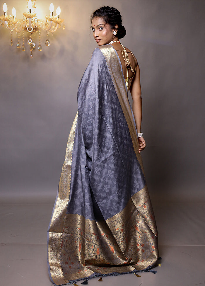 Grey Dupion Silk Saree With Blouse Piece