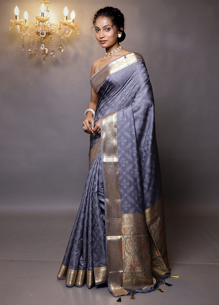 Grey Dupion Silk Saree With Blouse Piece