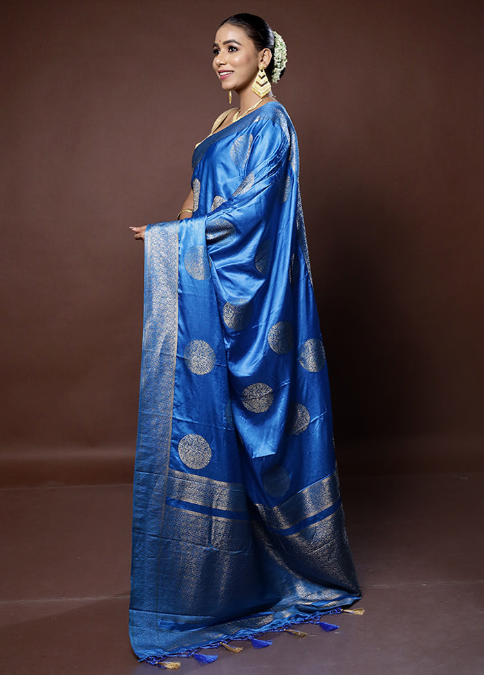 Blue Dupion Silk Saree With Blouse Piece