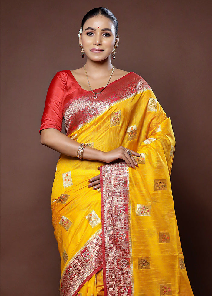 Yellow Dupion Silk Saree With Blouse Piece - Indian Silk House Agencies