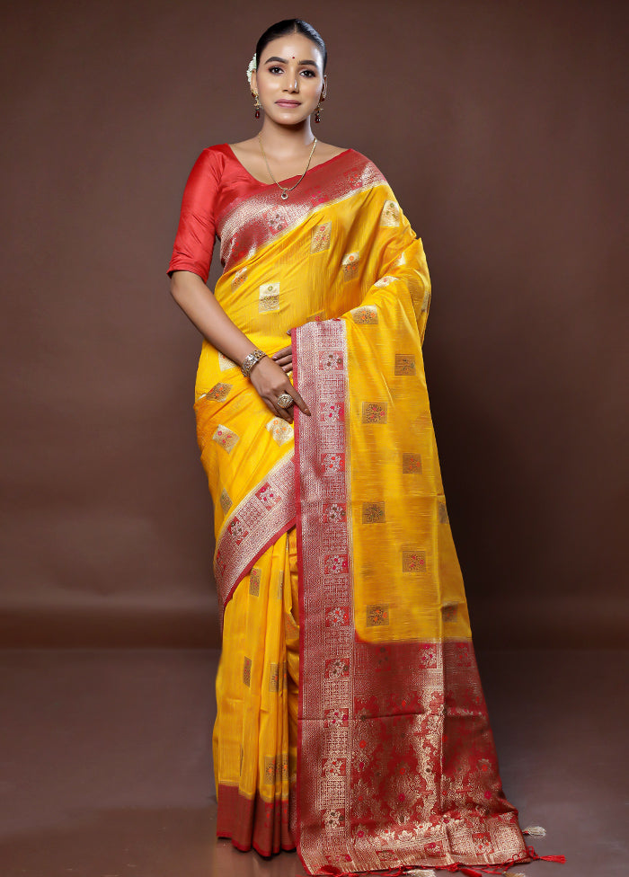 Yellow Dupion Silk Saree With Blouse Piece