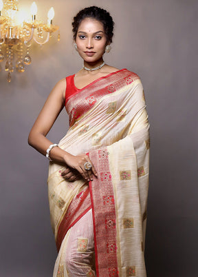 Cream Dupion Silk Saree With Blouse Piece