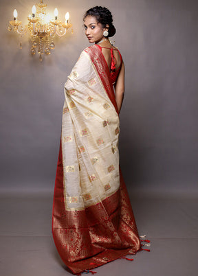 Cream Dupion Silk Saree With Blouse Piece