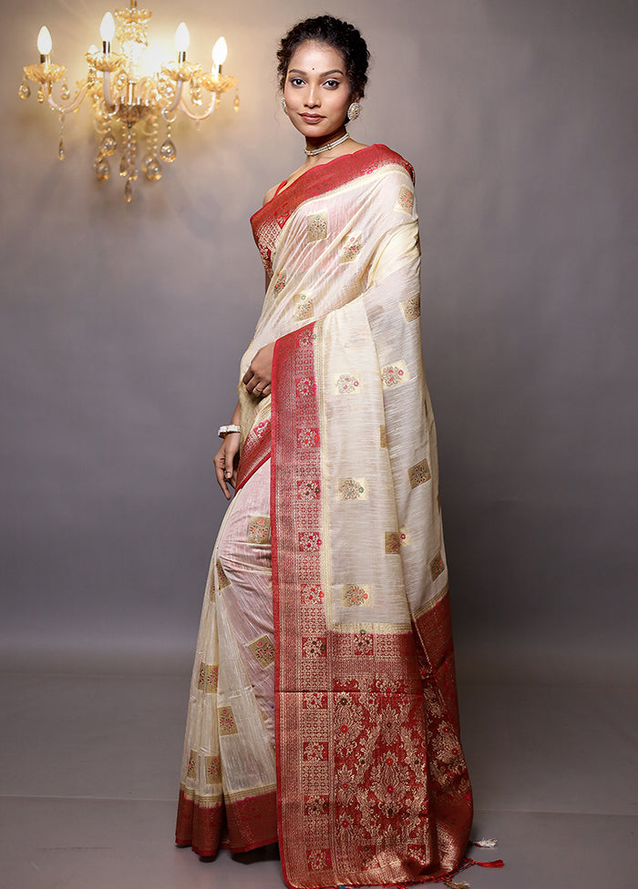 Cream Dupion Silk Saree With Blouse Piece