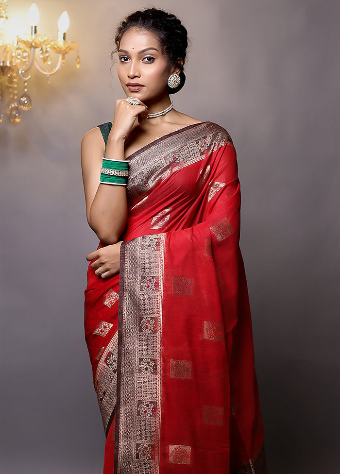 Red Dupion Silk Saree With Blouse Piece