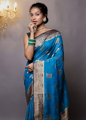 Blue Dupion Silk Saree With Blouse Piece