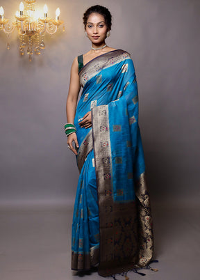 Blue Dupion Silk Saree With Blouse Piece