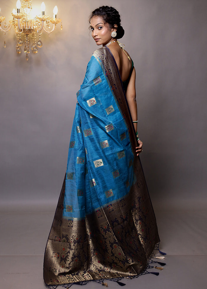 Blue Dupion Silk Saree With Blouse Piece