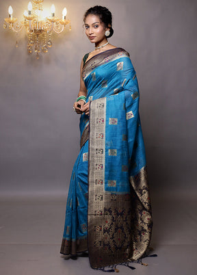 Blue Dupion Silk Saree With Blouse Piece