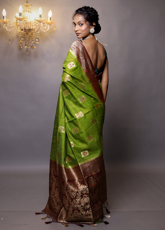 Green Dupion Silk Saree With Blouse Piece