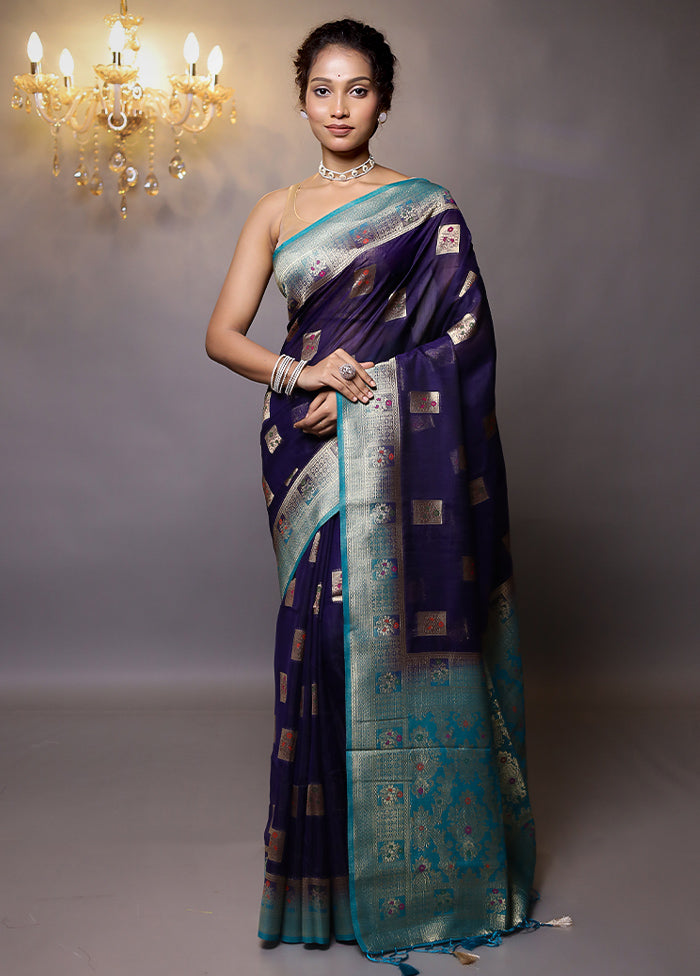 Blue Dupion Silk Saree With Blouse Piece - Indian Silk House Agencies