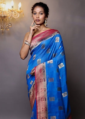 Blue Dupion Silk Saree With Blouse Piece