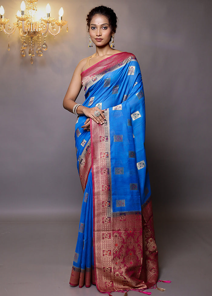 Blue Dupion Silk Saree With Blouse Piece