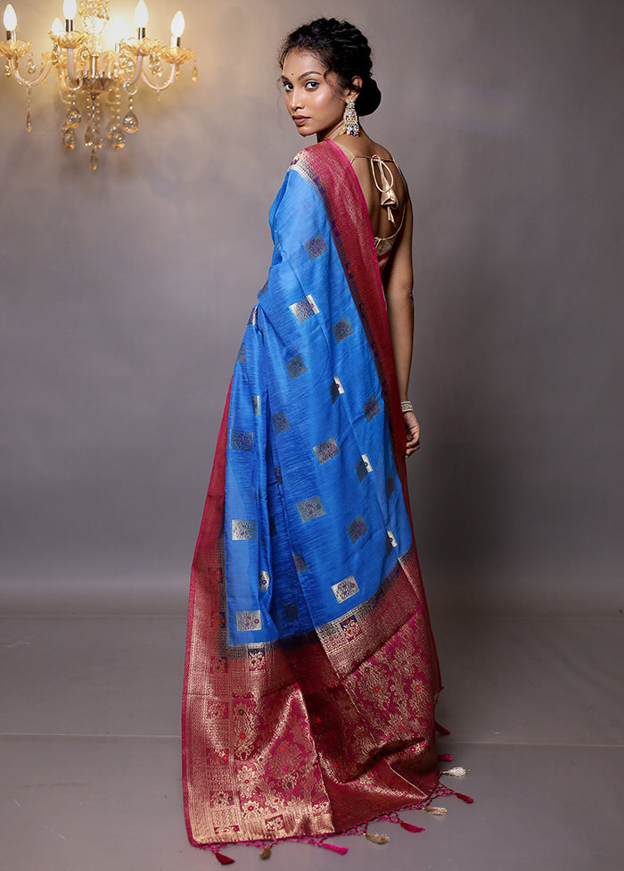 Blue Dupion Silk Saree With Blouse Piece