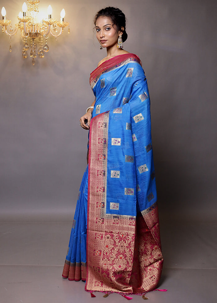 Blue Dupion Silk Saree With Blouse Piece